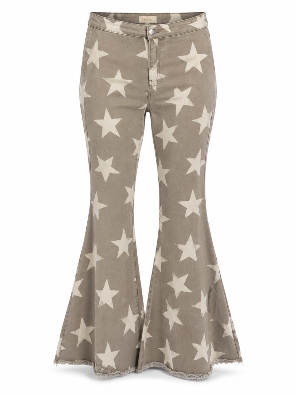Altered State Women’s Large Star Print Flare Jeans Gray Cream Raw Hem